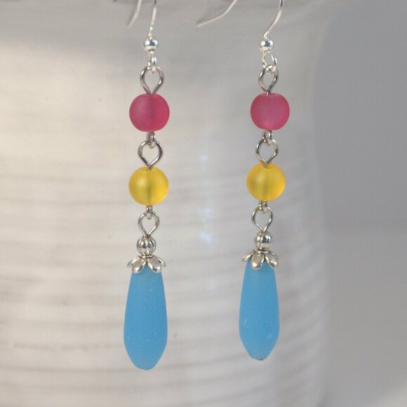 Handmade Colorful Sea Glass Beaded Dangle Pierced or Clip-on Earrings - Picture 5 of 7